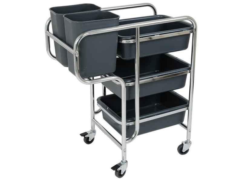 3 Tier Trolley Service Cart | 3x Deep Tray + 2x End Bins | Commercial Cleaning Carousel 2
