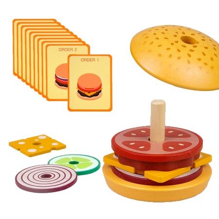 Wooden Sandwich Stacking Toys, Montessori Toys with Flash Cards Burger Food Ear Carousel 1