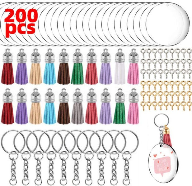 200pcs Acrylic Blank Keychain Pendant Tassels Circle Discs DIY Set I1285SV0 Carousel 1