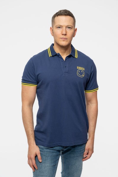 Nirvana Polo T Shirt Smile Face Band Logo new Official Mens Navy Blue Carousel 1