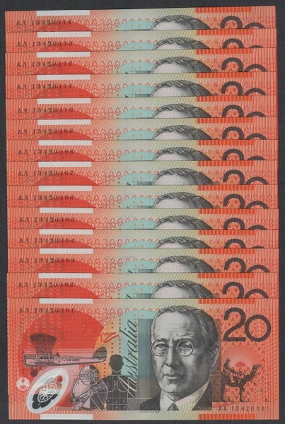 Australia - 2013 - $20 AA13 - 14 Consecutive Notes - First Prefix Run Carousel 1