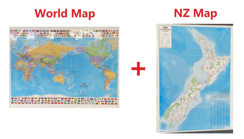 Hema Wall World Map & Flags + New Zealand Aotearoa Wall Map Laminated 1000 x 700 Carousel 1