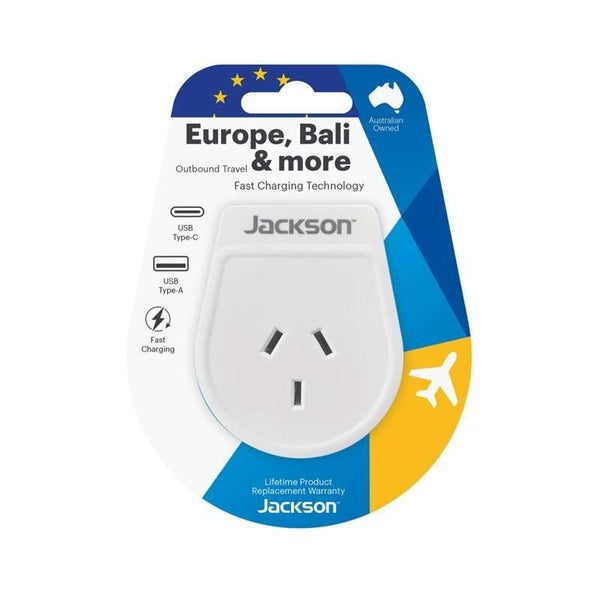 JACKSON Slim Outbound Travel Adaptor For Europe with USB Ports - 1x USB-A, 1x... Carousel 1