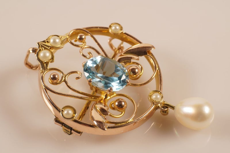 Sensational Antique handmade 9ct Blue topaz, Pearl Pendant & brooch Carousel 1