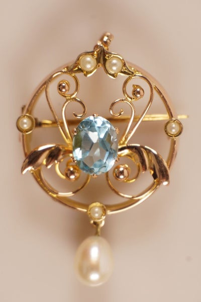 Sensational Antique handmade 9ct Blue topaz, Pearl Pendant & brooch Carousel 2