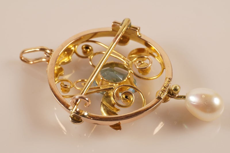 Sensational Antique handmade 9ct Blue topaz, Pearl Pendant & brooch Carousel 4