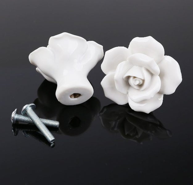 White Ceramic Rose Flower Handle Knob Cabinet Cupboard Drawer Décor Carousel 1