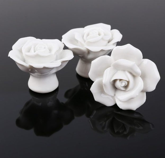 White Ceramic Rose Flower Handle Knob Cabinet Cupboard Drawer Décor Carousel 2