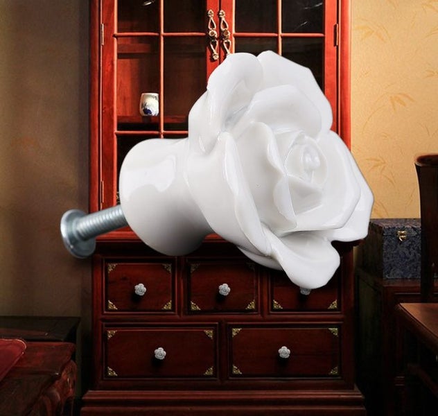 White Ceramic Rose Flower Handle Knob Cabinet Cupboard Drawer Décor Carousel 6