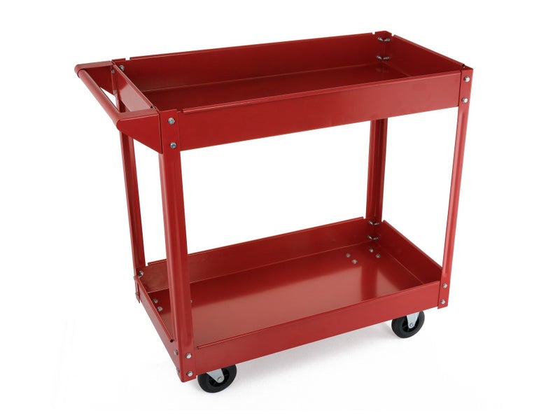 2 Tier Steel Workshop Tools Cart | 120kg 2x Tray Shelf Mobile Commercial Trolley Carousel 3