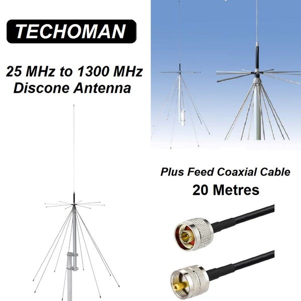 TECHOMAN 25 MHz to 1300 MHz Discone Versatile Ultra-Wide Band Antenna & 20M Coax Carousel 1