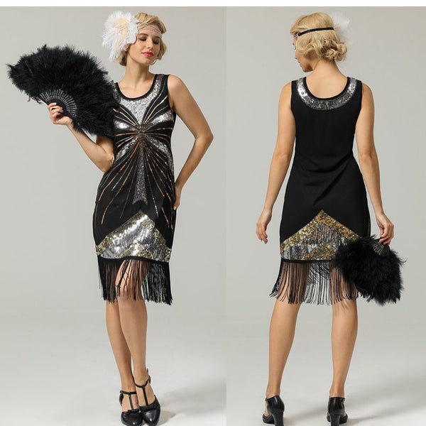 Black 1920s Sequins Fringe Flapper Dress Size 14 J2096SV4 BidBud