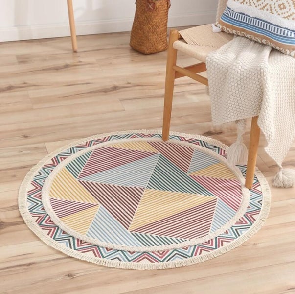 Round Rug Boho, Cotton Round Area Rug with Tassels 120cm Carousel 1