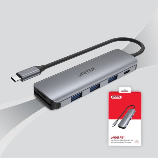 Unitek 6-in-1 Multi-Port Hub with USB-C Connector Includes 3 x USB-A Ports - SD Carousel 6