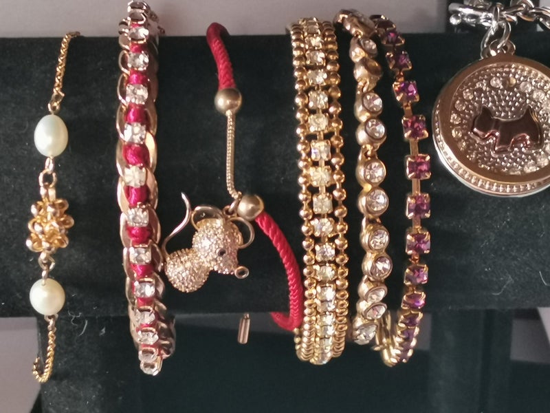 Gold & crystal bracelet red mouse dog tag or purple crystal bangle Carousel 1