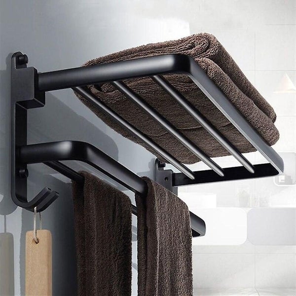 Punch Free Bathroom Towel Rack Adhesive Wall Mounted Black Aluminum Storage Carousel 1
