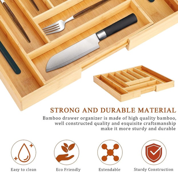 Bamboo Expandable Drawer Organizer for Utensils-9 Compartments Carousel 1