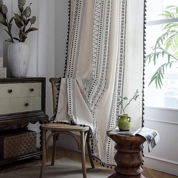 Geometric Semi-blackout Window Curtains, 2 Panels Bohemian Style Cotton Linen Da Carousel 1