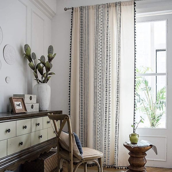 Geometric Semi-blackout Window Curtains, 2 Panels Bohemian Style Cotton Linen Da Carousel 2
