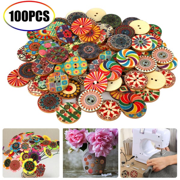 Retro Wood Button 2 Holes Mixed Color Flower Handwork Apparel Sewing 100Pcs Carousel 1