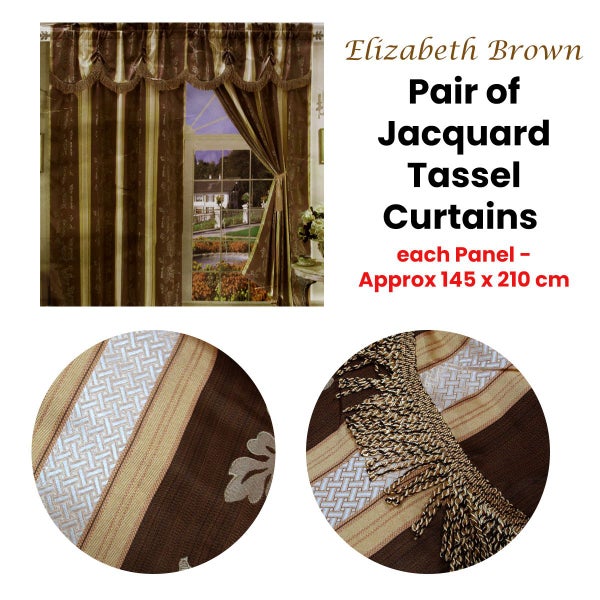 Pair of Elizabeth Brown Jacquard Tassels Unlined Curtains 145 x 210 cm Carousel 2