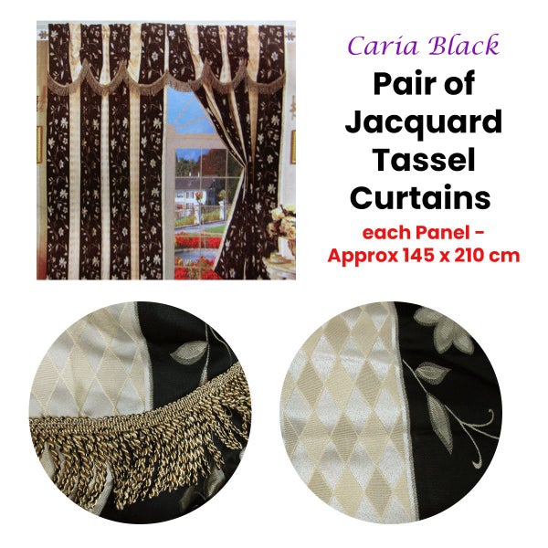 Pair of Caria Black Jacquard Tassels Unlined Curtains 145 x 210 cm Carousel 2