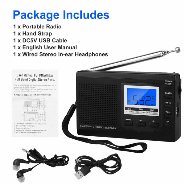Digital FM/AM/SW Radio LCD Portable Music Player 3.5mm Battery Operated Receiver Carousel 8