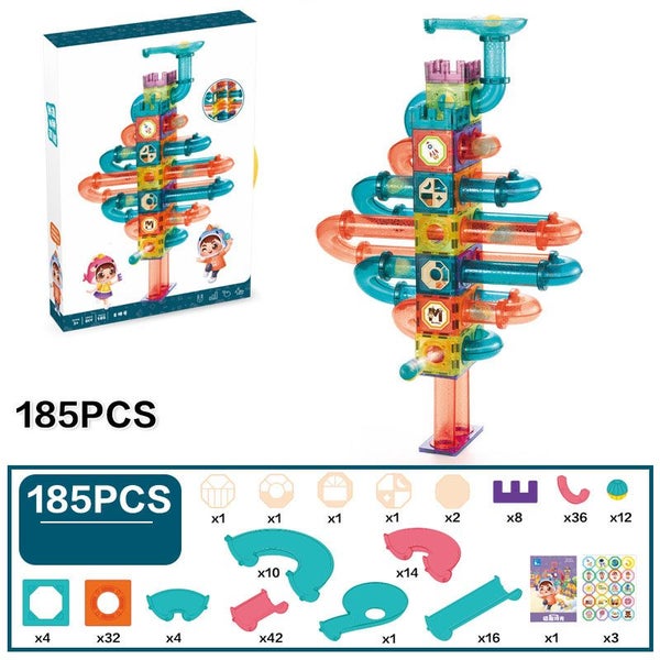 185Pcs Magnetic Tiles Marble Run STEM Building Toys Carousel 1