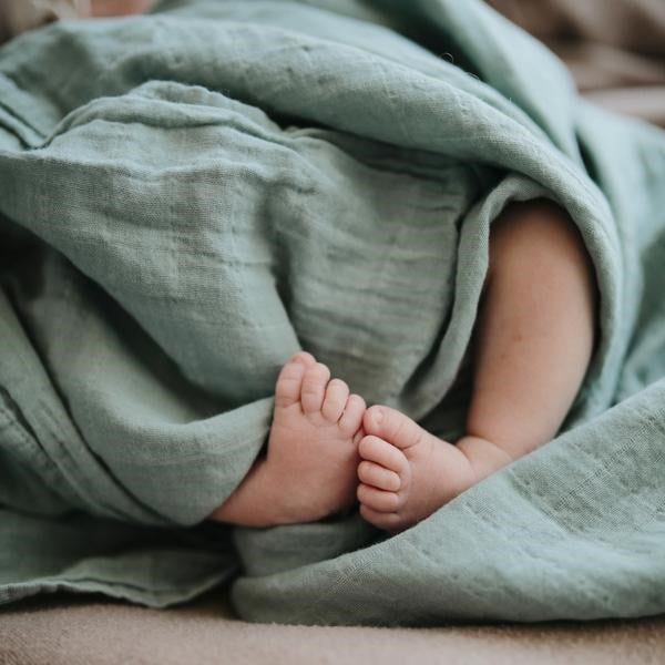 Mushie Muslin Swaddle Blanket Organic Cotton- Roman Green Carousel 2