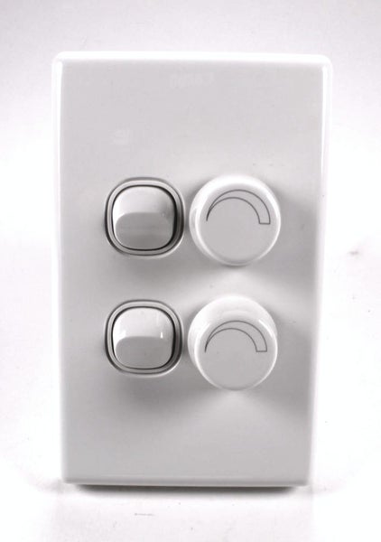 2 x SWITCHES WITH 2 x DIMMERS ON WHITE WALLPLATE - INOVO - AS NEW (SAMPLE) Carousel 1
