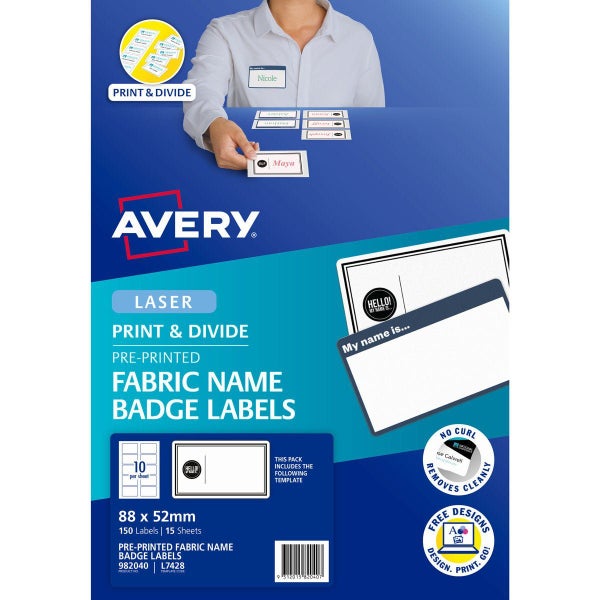 Avery "Hello! My Name Is" Fabric Print & Divide Name Badges Laser 88x52mm 150... Carousel 1