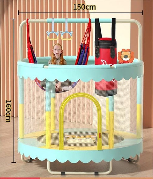 Multifunctional Mini Kids Trampoline with Enclosure Net for Family Game - Green Carousel 1