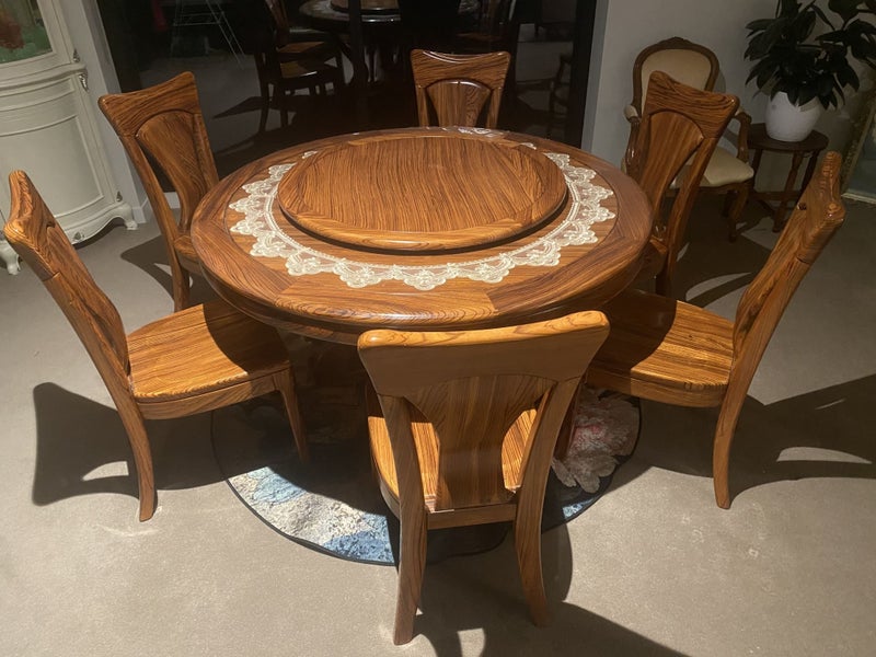 Round Solid Wood Dining Table with Lazy Susan (Turntable) and 6x Chairs Carousel 1