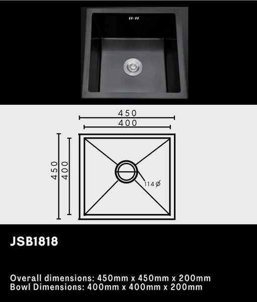 Single Bowl Stainless Steel Sink 450x450mm Black Matt Carousel 2