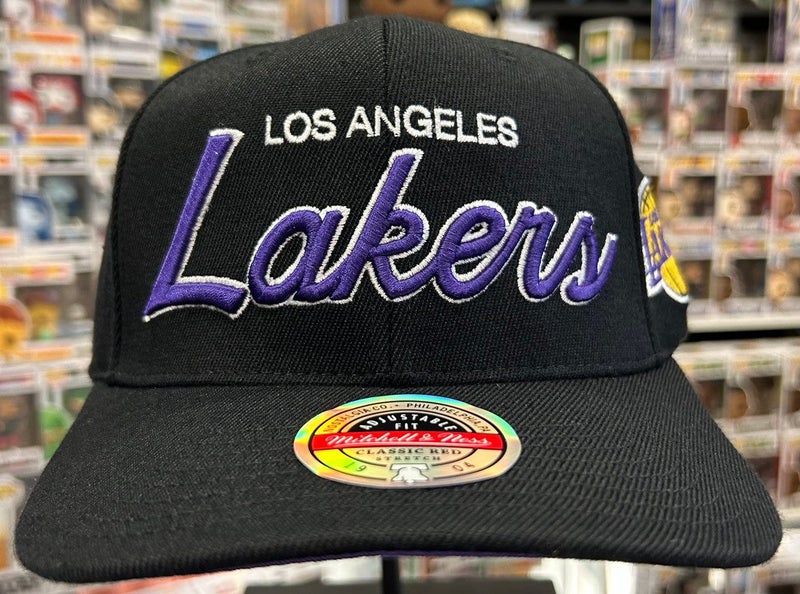 Los Angeles Lakers Purple Script Mitchell & Ness Snapback Hat Carousel 1