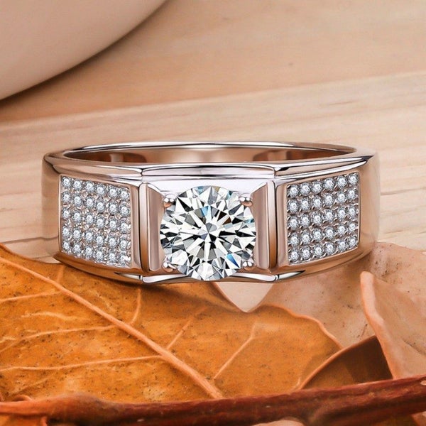 1 CT MEN's Moissanite Engagement Ring S925 Silver Platinum Plated Diamond Ring Carousel 1