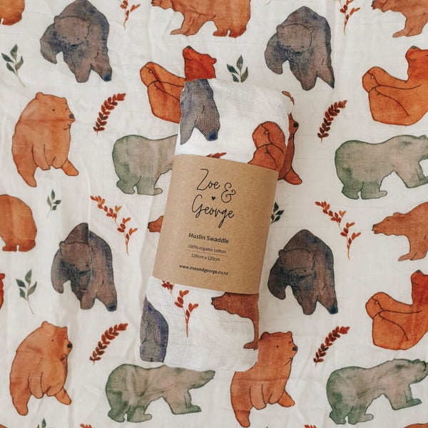 Muslin Swaddle Baby Wrap - Bear print - Baby Newborn Gift Carousel 1