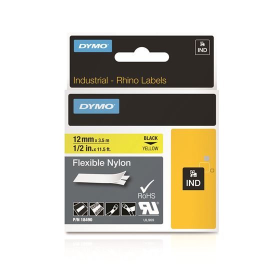 DYMO Genuine Rhino Industrial Labels-Flexible Nylon 12mm Black on Yellow. Indust Carousel 1