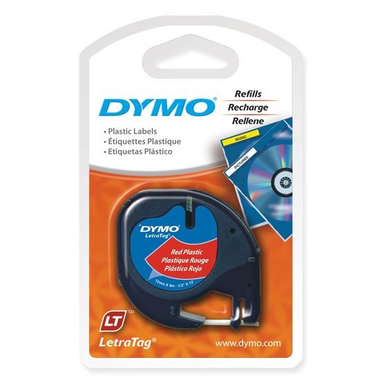 DYMO Genuine LetraTag Labeller Plastic Tape. 12mm Black on Red. For LetraTag LT- Carousel 1
