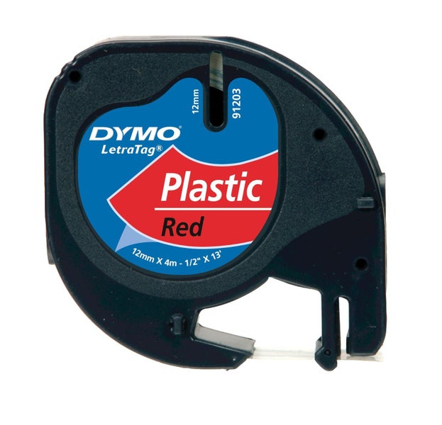DYMO Genuine LetraTag Labeller Plastic Tape. 12mm Black on Red. For LetraTag LT- Carousel 2