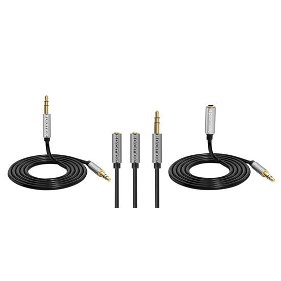 PROMATE 3-in-1 Auxiliary cable with 3.5mm Audio Cable splitter. Colour Black S Carousel 1