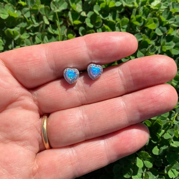 925 Sterling Silver Heart shaped Opal Earrings "Camilla" (Blue) Carousel 2
