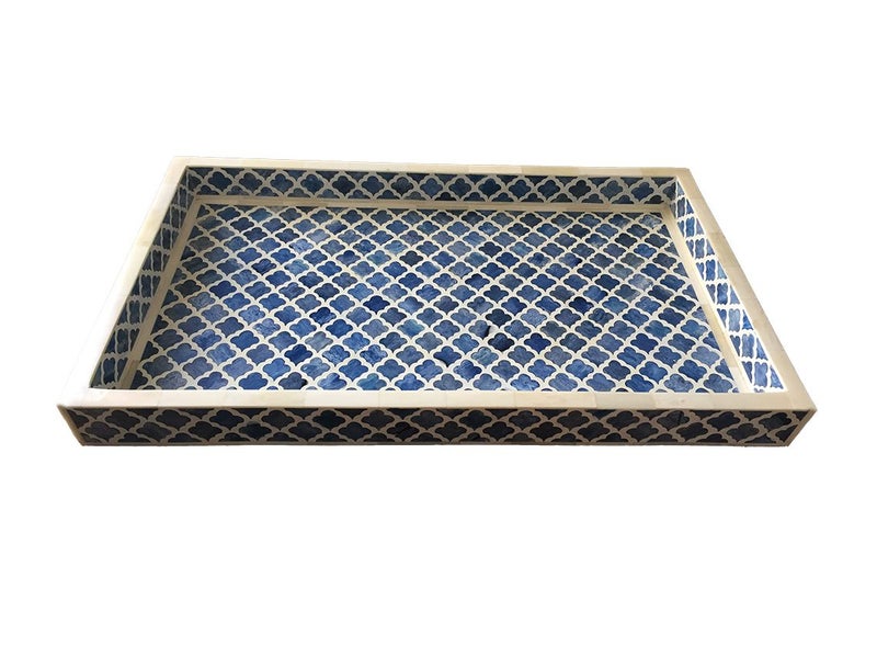 Bone Inlay Rectangular Tray in Quatrefoil/Indigo Carousel 2