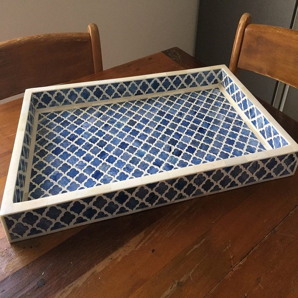 Bone Inlay Rectangular Tray in Quatrefoil/Indigo Carousel 11