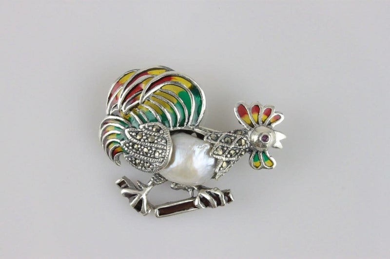 925 Silver Ruby Marcasite Pearl Enamel Hen Pendant/Brooch Carousel 1