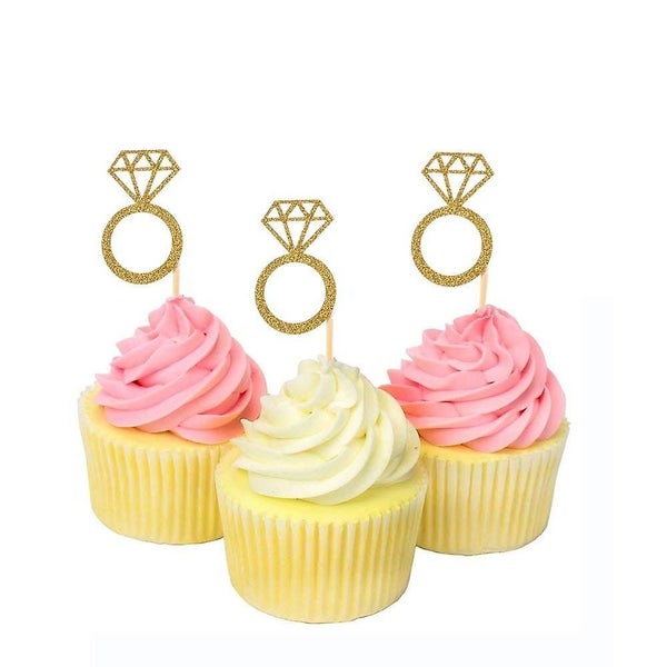 50 Pack Cupcake Toppers Gold Glitter Mini Diamond Ring Cakes Carousel 1