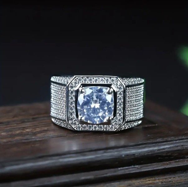 Men's Iced Out Silver Band with Centered Moissanite Diamond Carousel 1