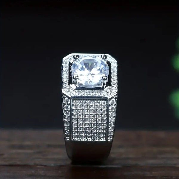 Men's Iced Out Silver Band with Centered Moissanite Diamond Carousel 2