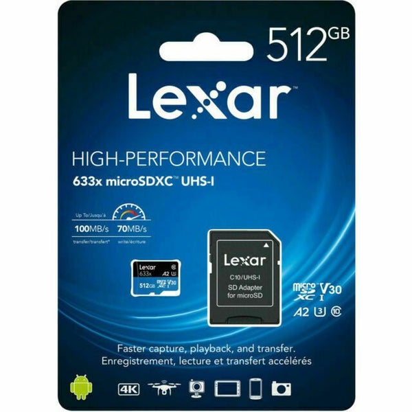 Lexar 512GB Micro SD Card SDHC UHS-I High Performance 633x 100MB/s U1 4K Carousel 1