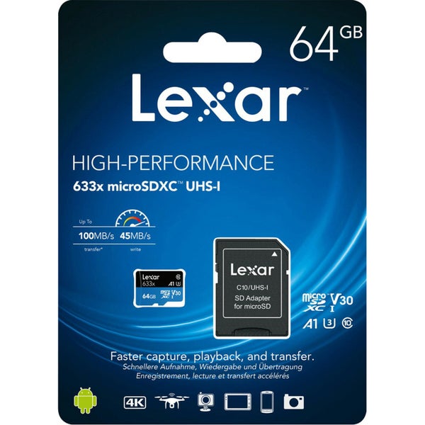 Lexar 64GB Micro SD Card SDHC UHS-I High Performance 633x 100MB/s U1 4K Carousel 1